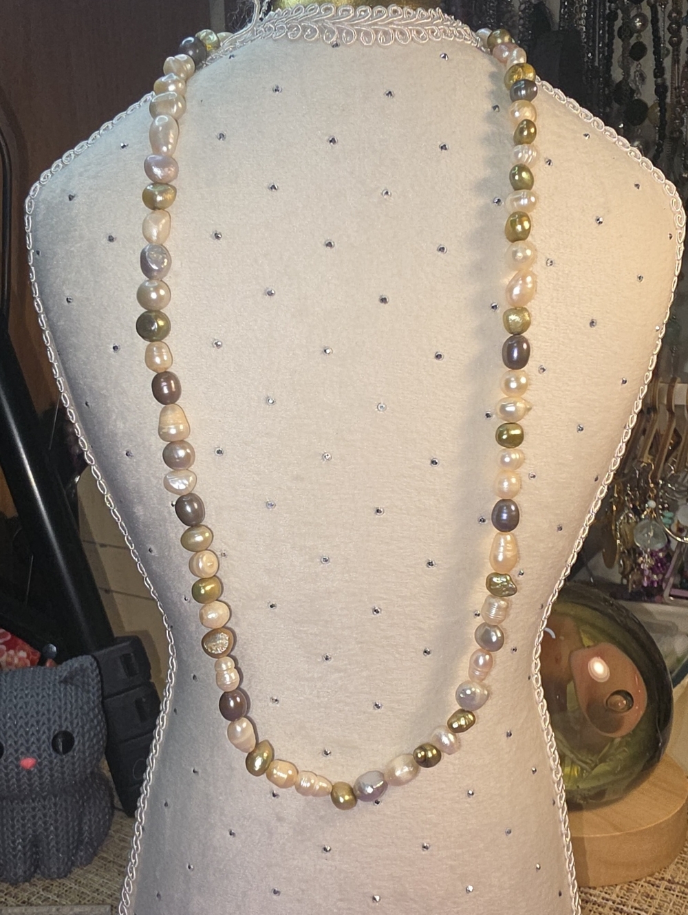 Freshwater Pearl Long Necklace in Cream, Olive & Gray